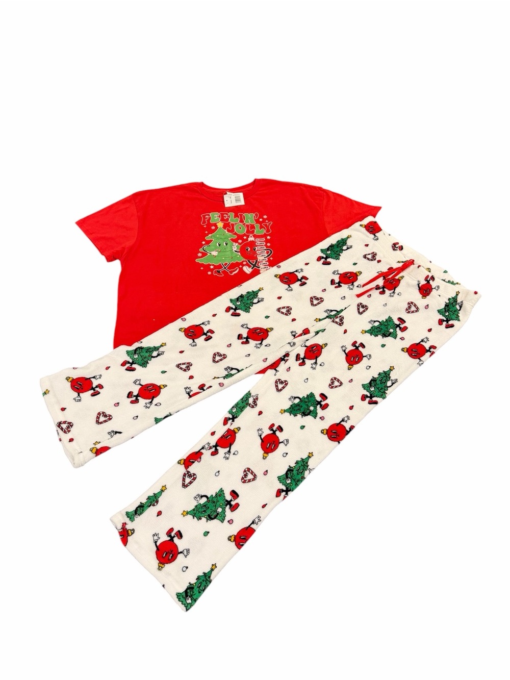 Cozy Women's Red Holiday Pajama Set with Printed White Pants